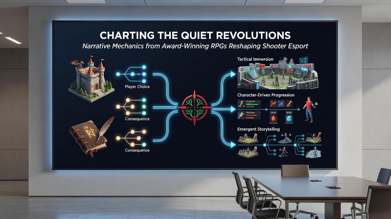 Mobile and console interfaces showing shared narrative choice overlays in competitive shooter matches