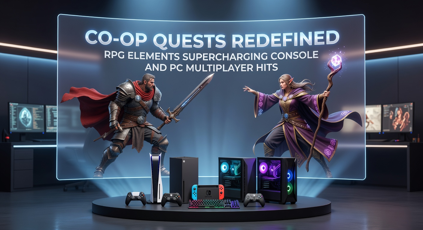 Team of heroes customizing RPG skill trees around a glowing loot chest in a multiplayer dungeon crawler