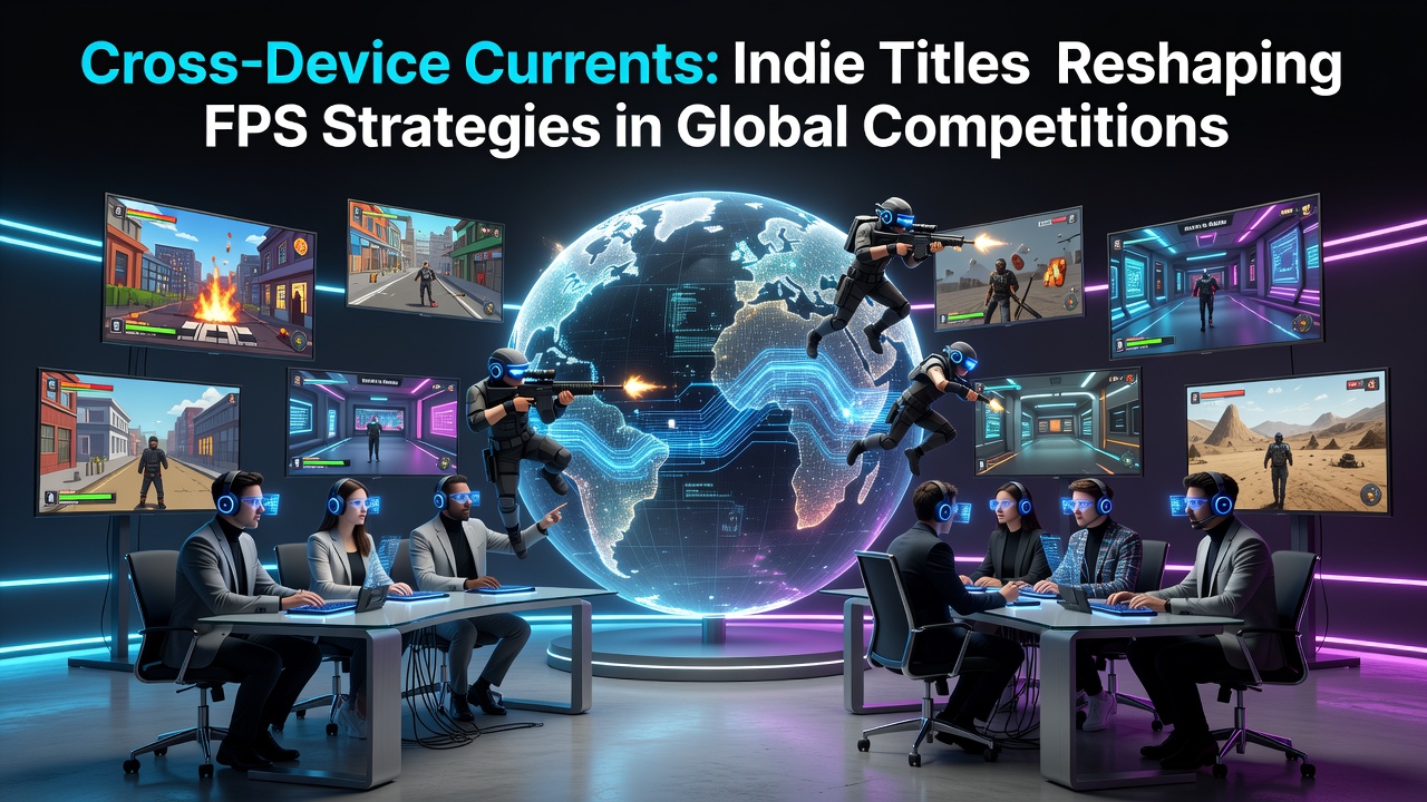 Indie FPS game interfaces displayed across multiple devices including PC, console, and mobile screens during a competitive match