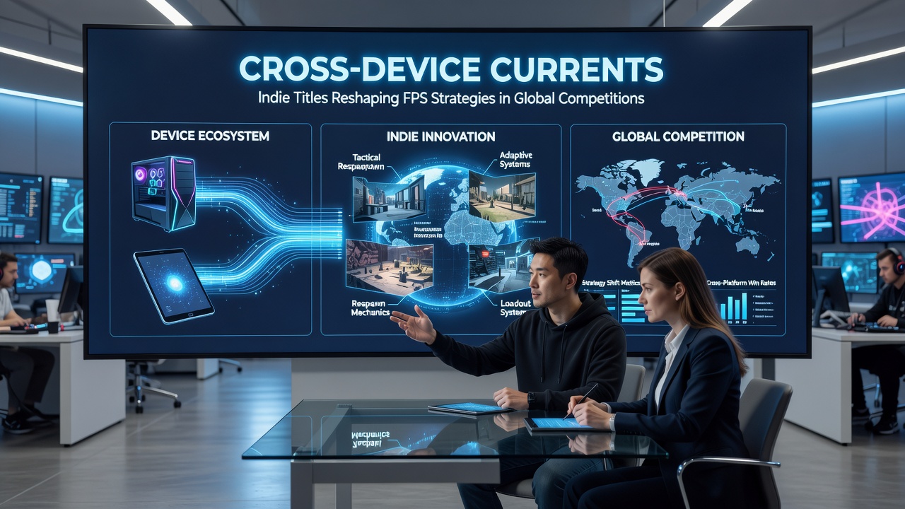 Competitors analyzing cross-device FPS strategies on tablets and monitors at a July 2026 international tournament