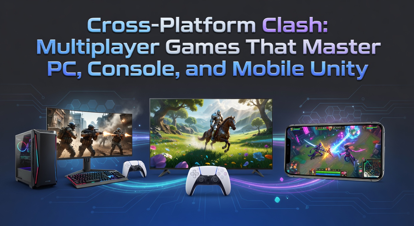 Players from PC, console, and mobile uniting in a massive cross-platform multiplayer battle, showcasing seamless unity across devices