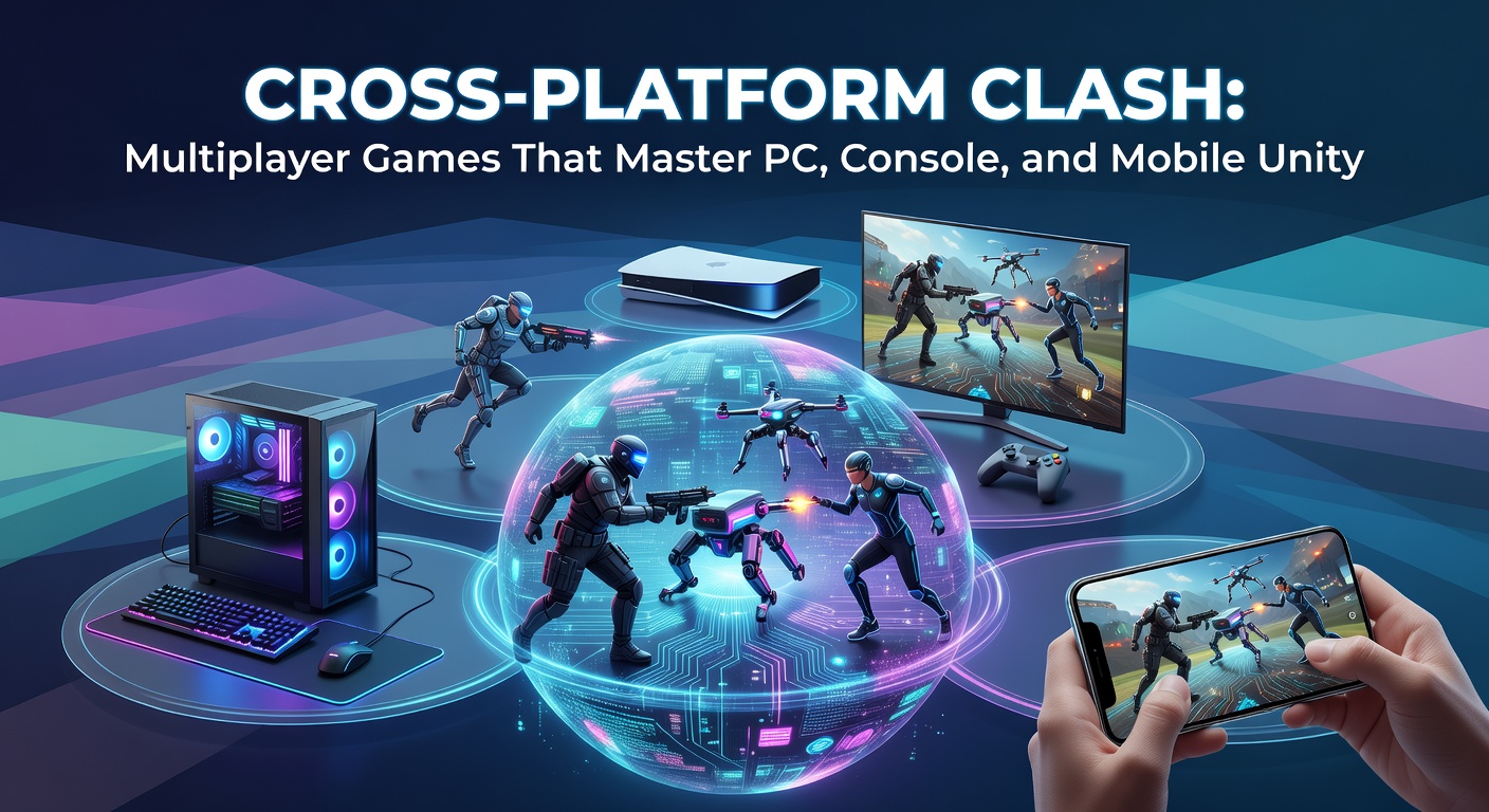 A diverse group of gamers on PC, console, and mobile screens clashing in an intense cross-platform multiplayer showdown