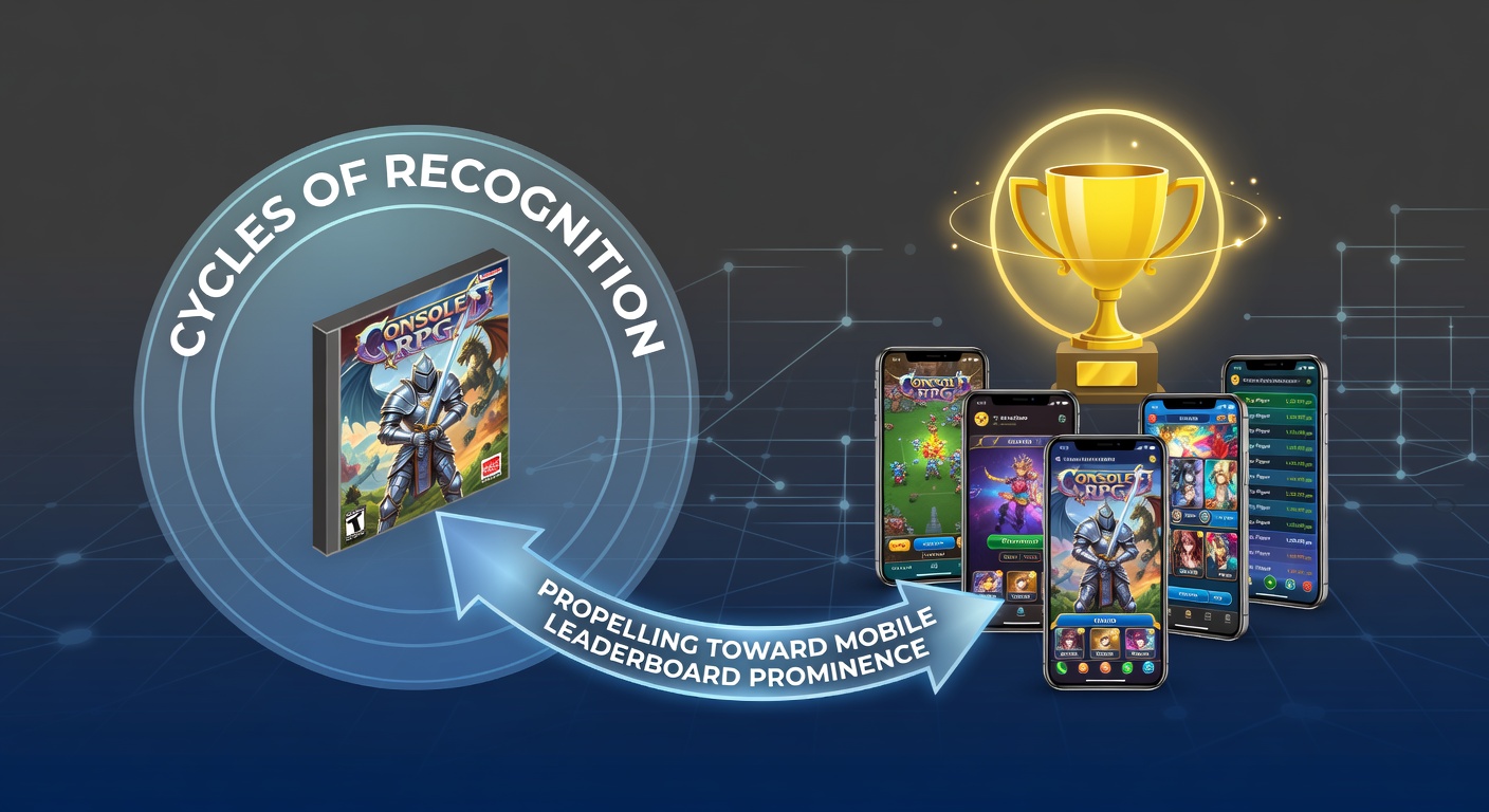 Console RPG characters transitioning to mobile interfaces with leaderboard charts in the background