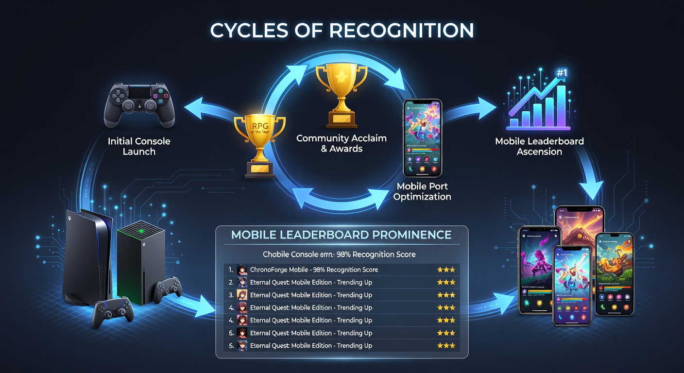 Mobile device displaying RPG leaderboard next to console controller and award trophy