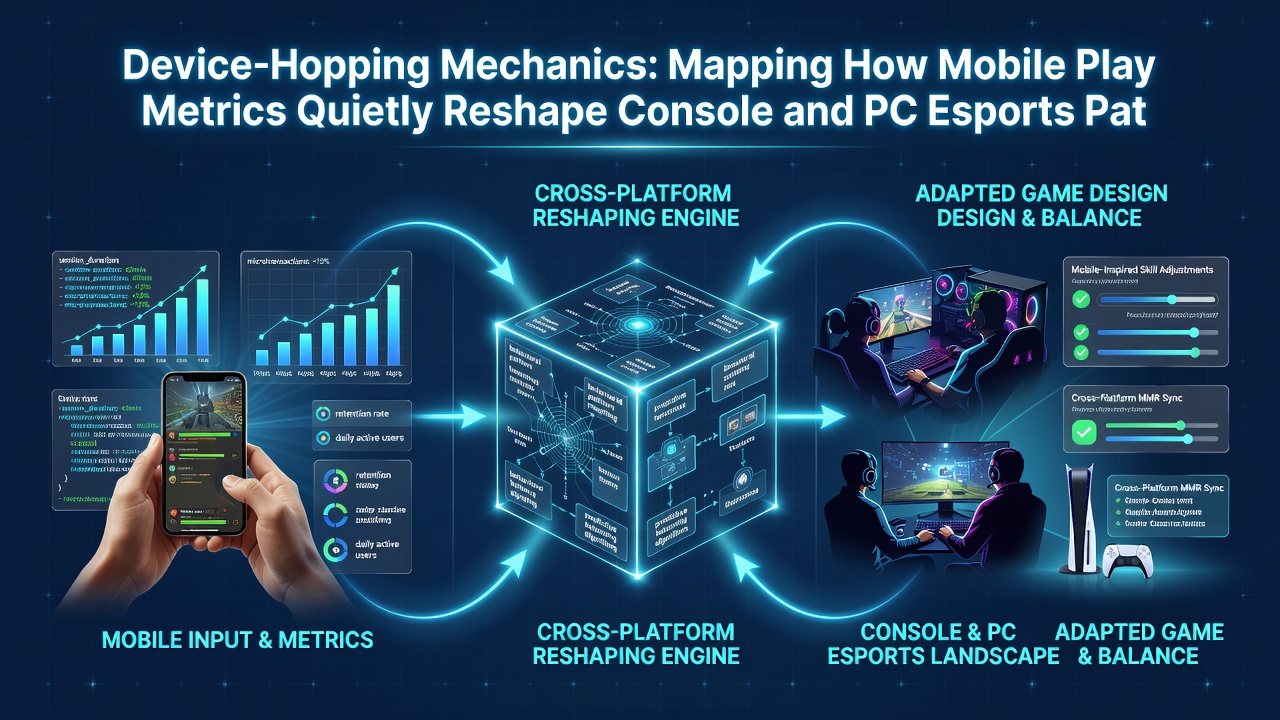 Chart displaying mobile-to-console metric flows affecting shooter and adventure esports leaderboards
