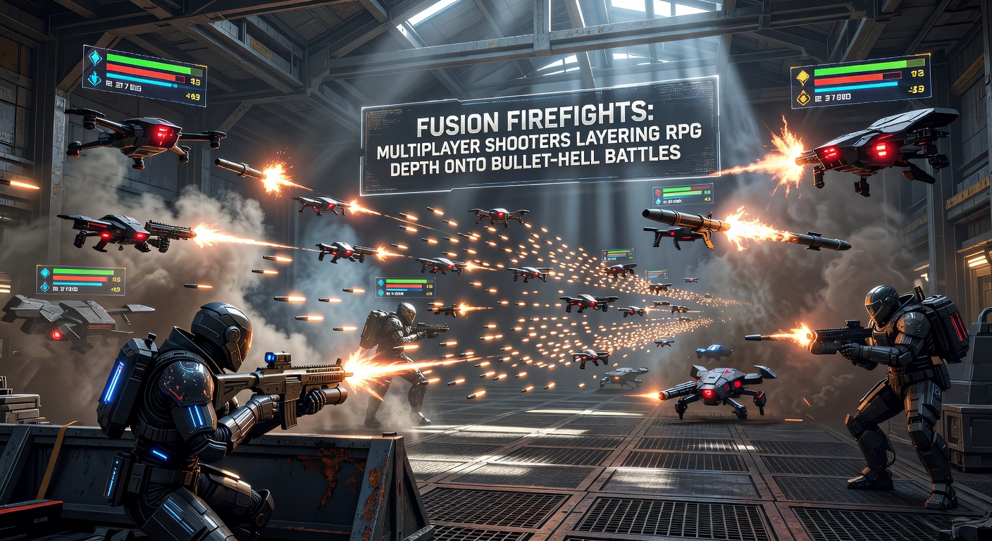 Players dodging intricate bullet patterns in a chaotic multiplayer arena, with RPG skill trees glowing on screen