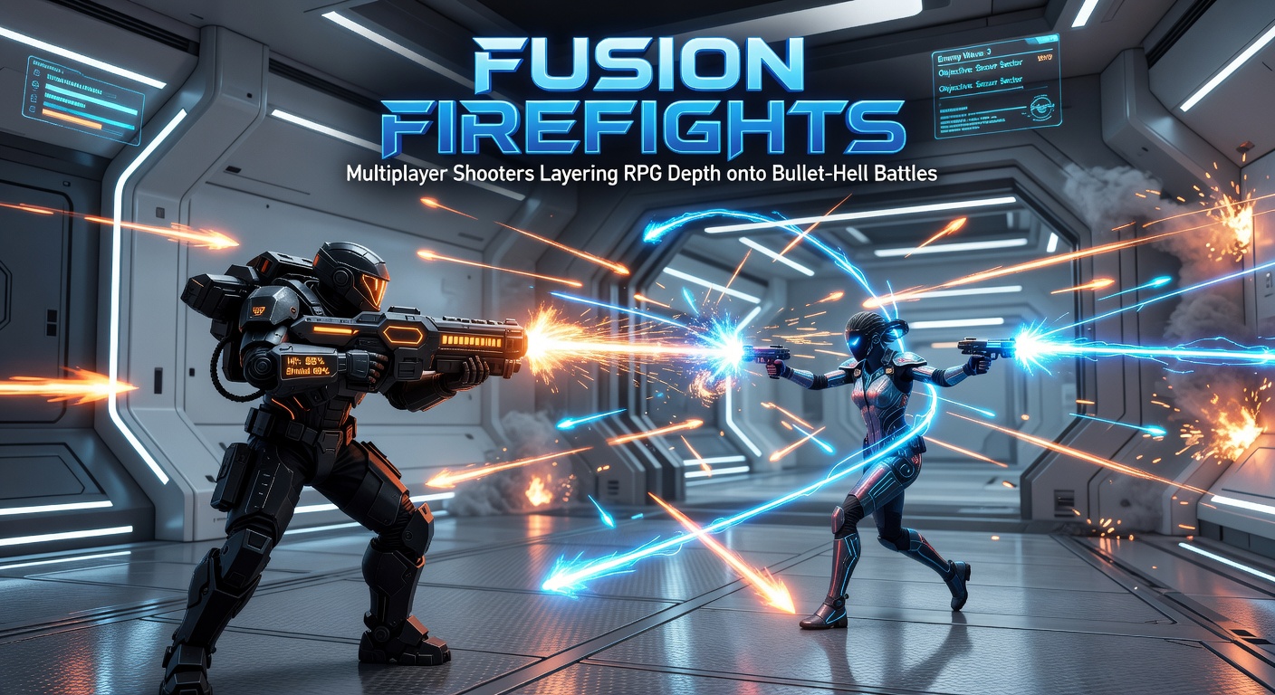 Squad of characters unleashing RPG-powered abilities amid a bullet-hell boss encounter in multiplayer mode