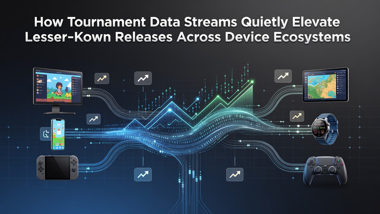 Tournament data visualizations showing engagement metrics flowing across PC, console, and mobile platforms during competitive events