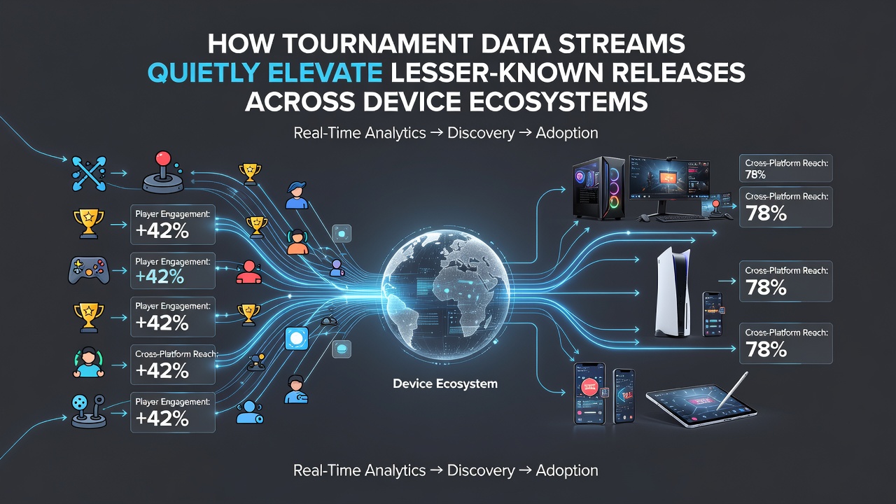 Analytics dashboard displaying tournament-derived metrics influencing game rankings on multiple device types