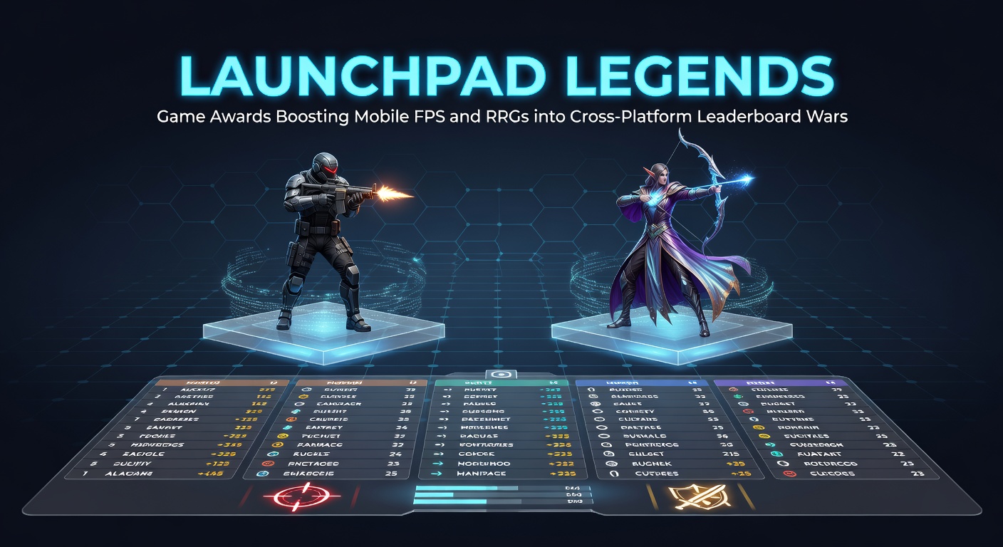 Vibrant leaderboard screenshot showing mobile FPS players competing against console rivals in a unified ranking system, with award trophies glowing in the background