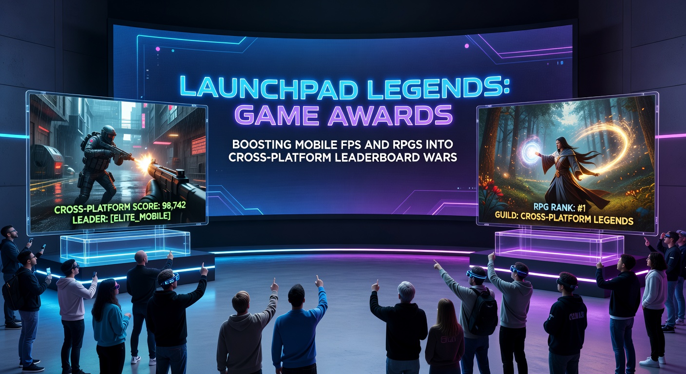 Dynamic action shot of a mobile RPG raid transitioning to PC leaderboard celebrations, highlighting unified progress bars and trophy integrations
