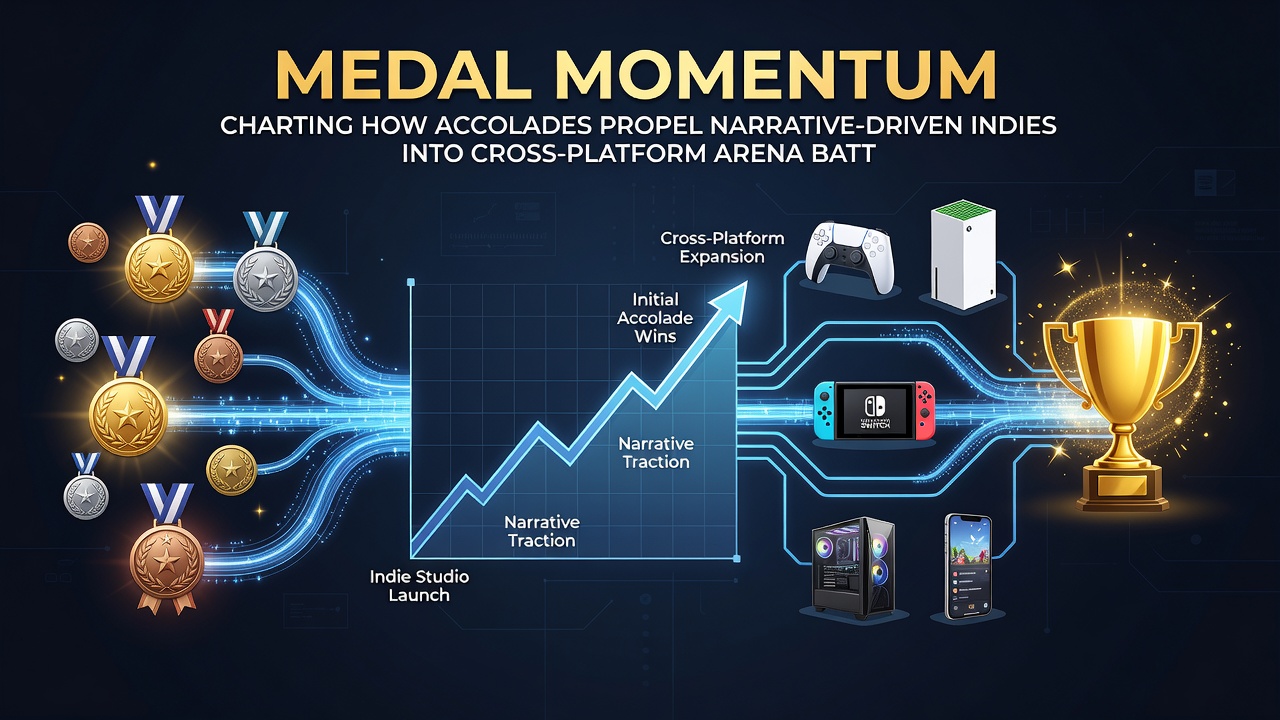 Indie narrative game characters in a cross-platform arena battle scene across multiple devices