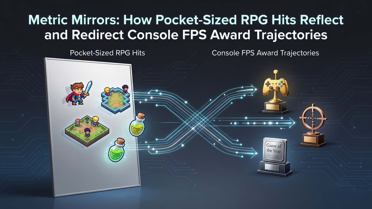 Mobile RPG interface displayed alongside console FPS award graphics showing metric flow patterns