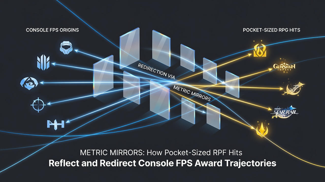 Console FPS trophy display with overlaid mobile analytics charts illustrating award trajectory redirection