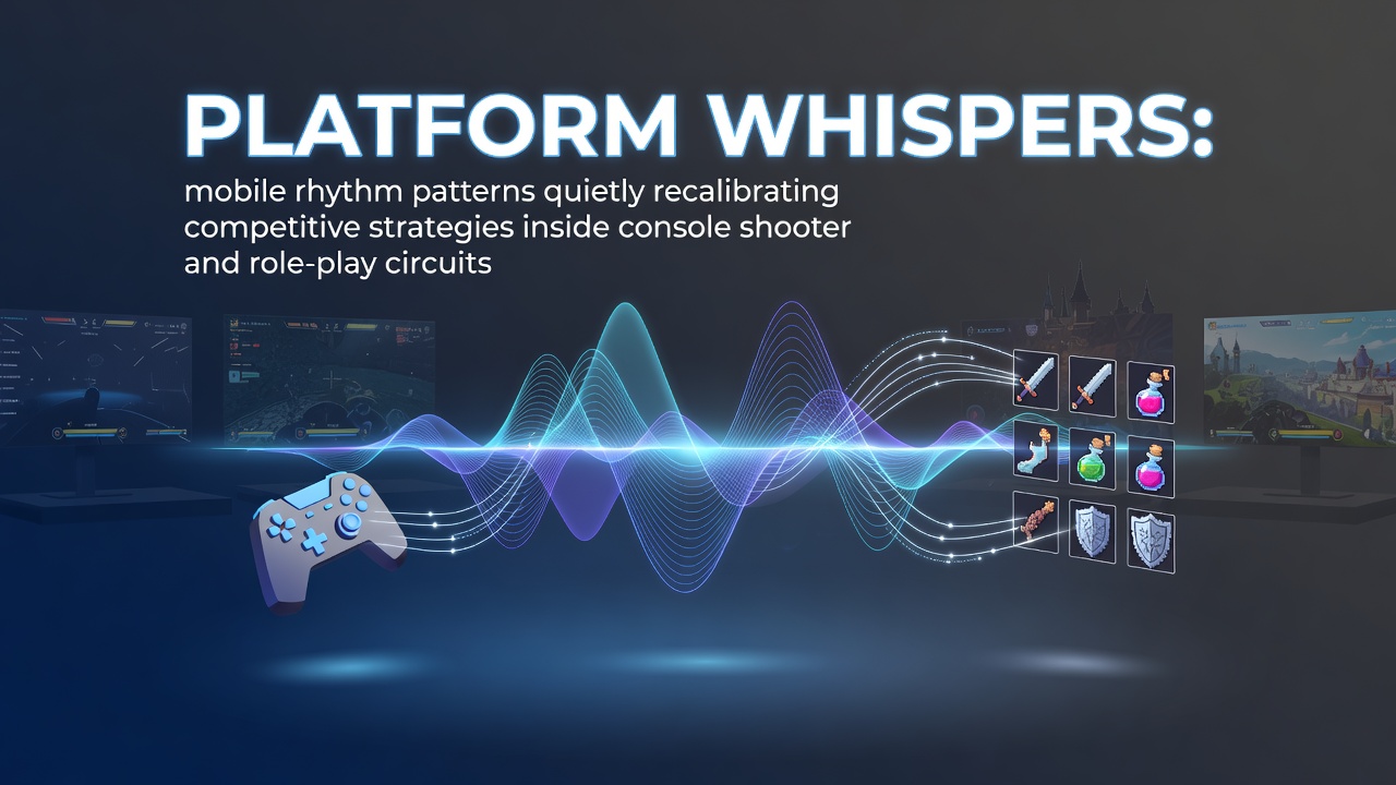Mobile gaming interfaces displaying rhythm-based touch patterns that influence console shooter timing and role-play decision cycles