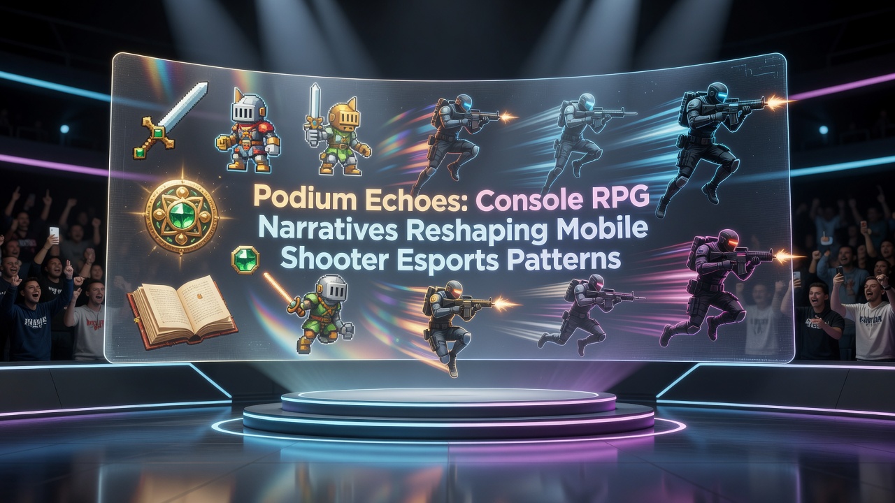 Mobile esports competitors analyzing narrative-driven strategy overlays during live events