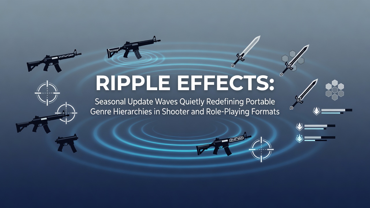 Portable gaming devices displaying shooter and RPG interfaces during seasonal update cycles