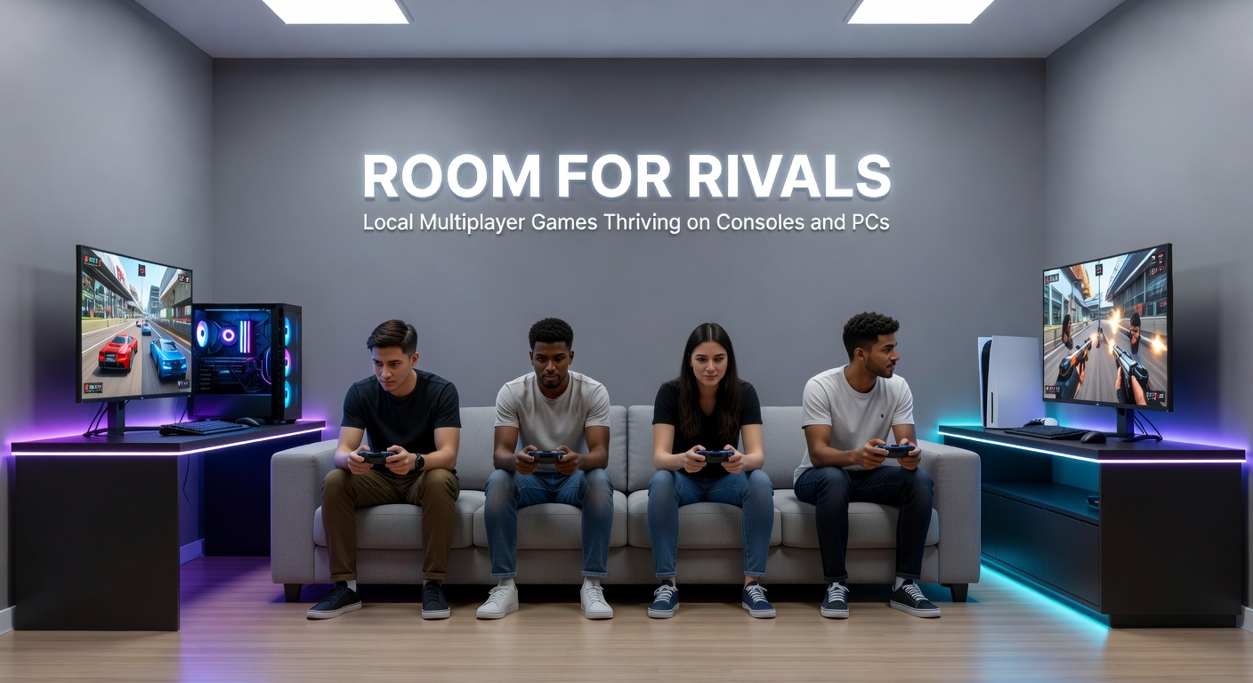Friends gathered around a console controller in hand battling in a vibrant local multiplayer game