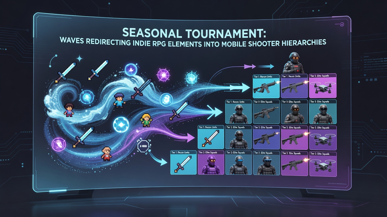 Infographic showing RPG narrative elements flowing into mobile shooter seasonal rankings