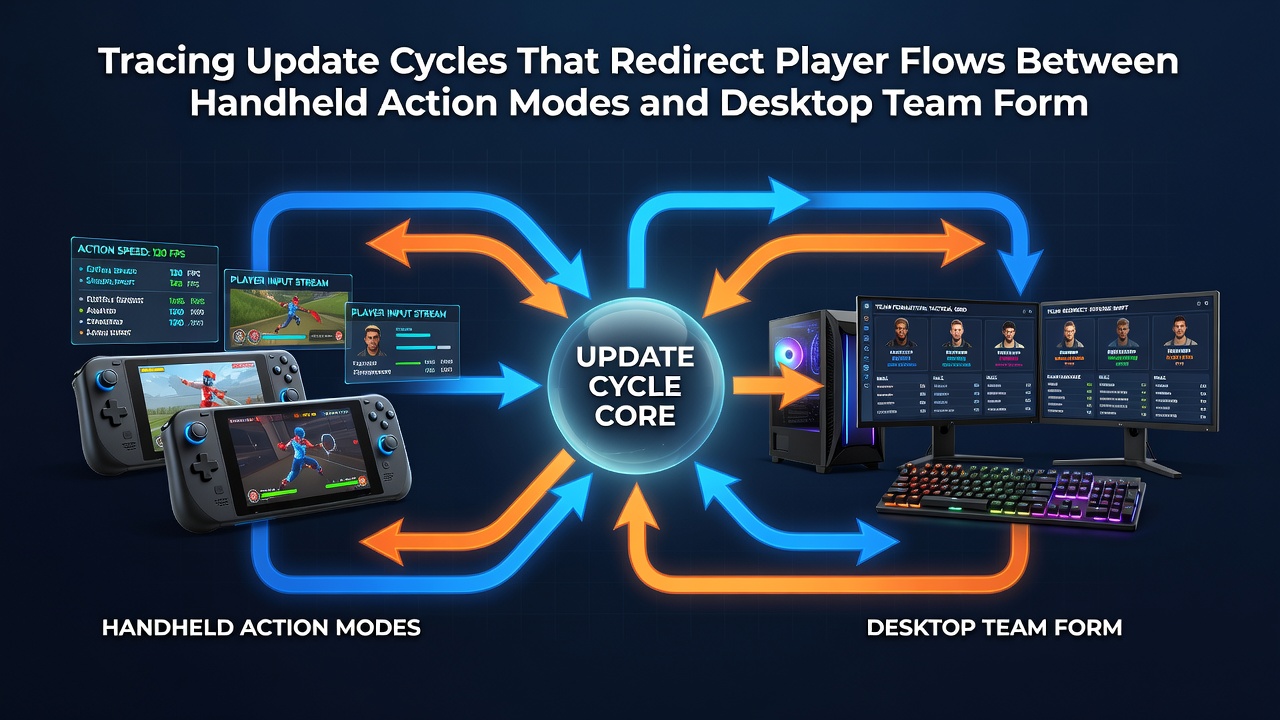 Chart displaying engagement metrics and player transitions between handheld action and desktop team formats over multiple update cycles
