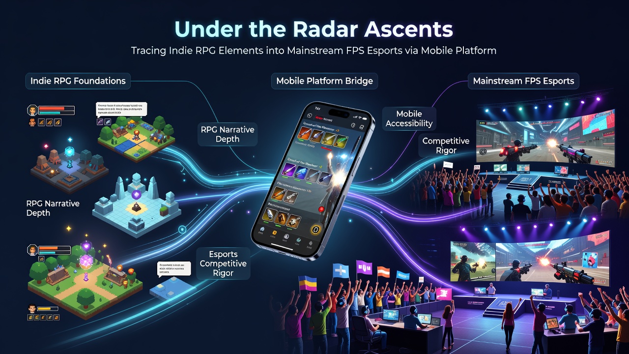 Esports arena screen showing mobile-to-console crossover tournament with RPG stat overlays