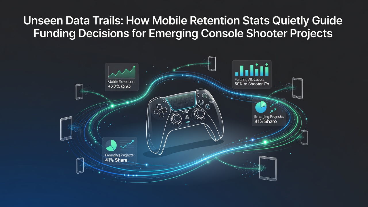 Mobile retention analytics dashboard showing user engagement metrics for shooter games transitioning to console development