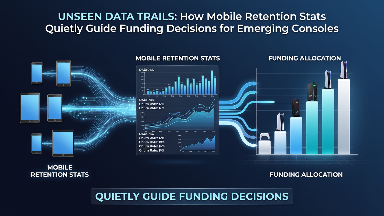 Developers reviewing console shooter prototypes alongside mobile retention graphs during funding review meetings