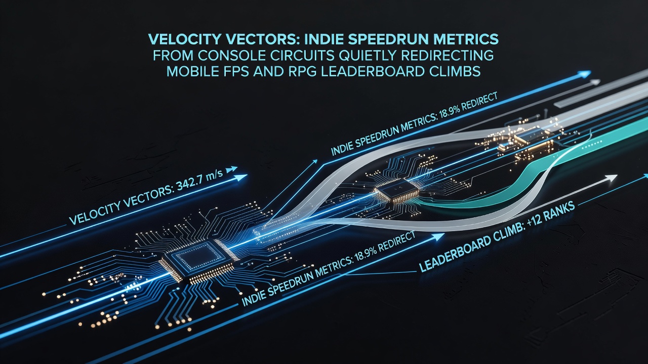 Indie speedrunners analyzing console velocity vectors on multiple displays during a circuit event