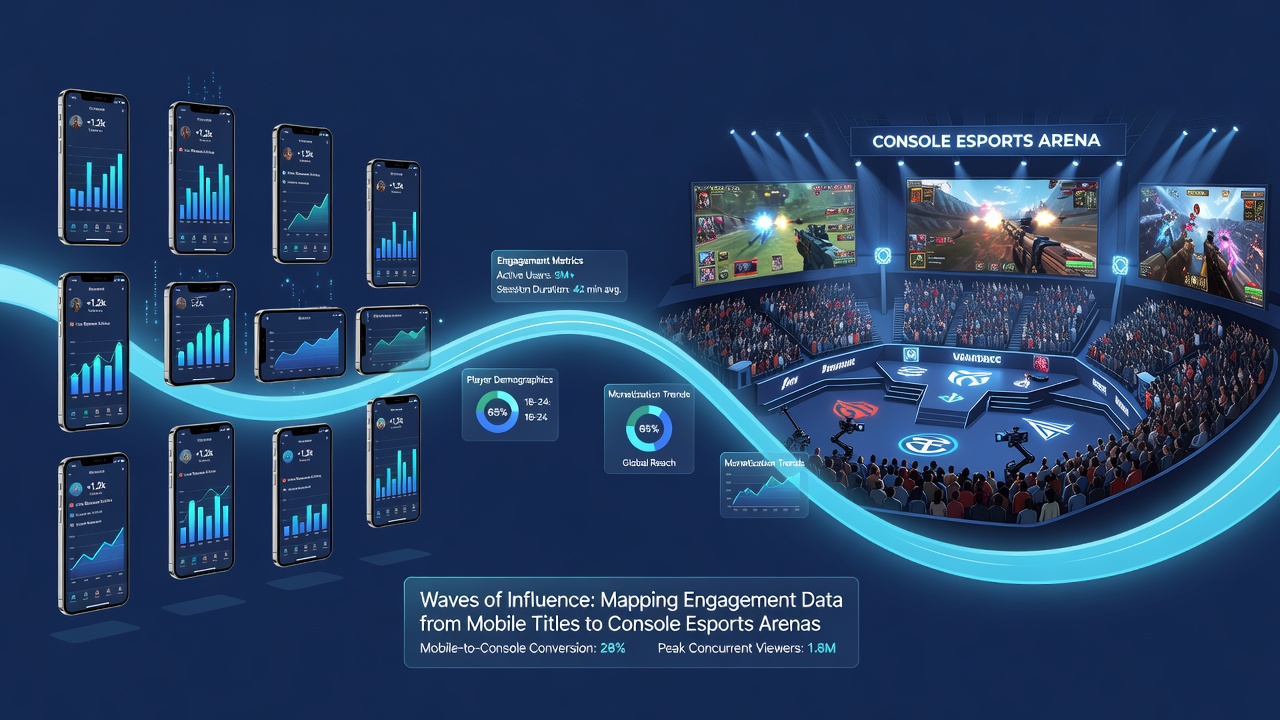 Infographic showing mobile engagement metrics transitioning into console esports tournament structures and audience growth